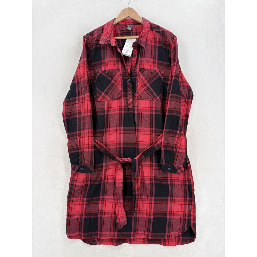 Eddie Bauer Fremont Flannel Shirt Dress Womens XL Redwood Plaid Belted Cotton